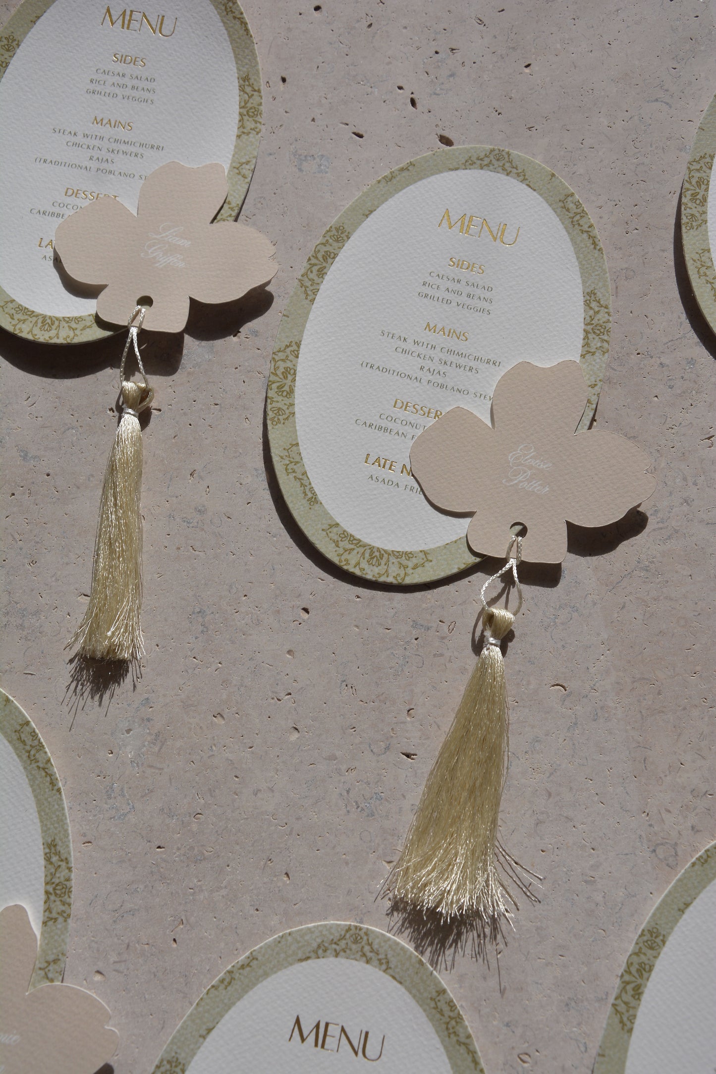 Oval Green Thick Textured Wedding Menu Cards with thank you note | Personalized Front Menu & Back | Wedding Stationery | (Copy)