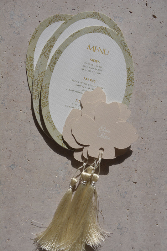 Oval Green Thick Textured Wedding Menu Cards with thank you note | Personalized Front Menu & Back | Wedding Stationery | (Copy)