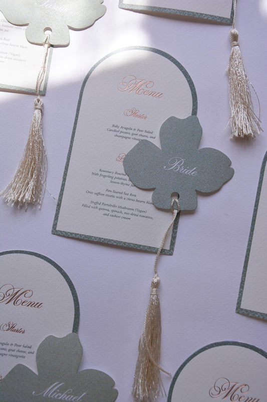 Arched Wedding Menu Cards with Flower Name Tag: Personalized Stationery
