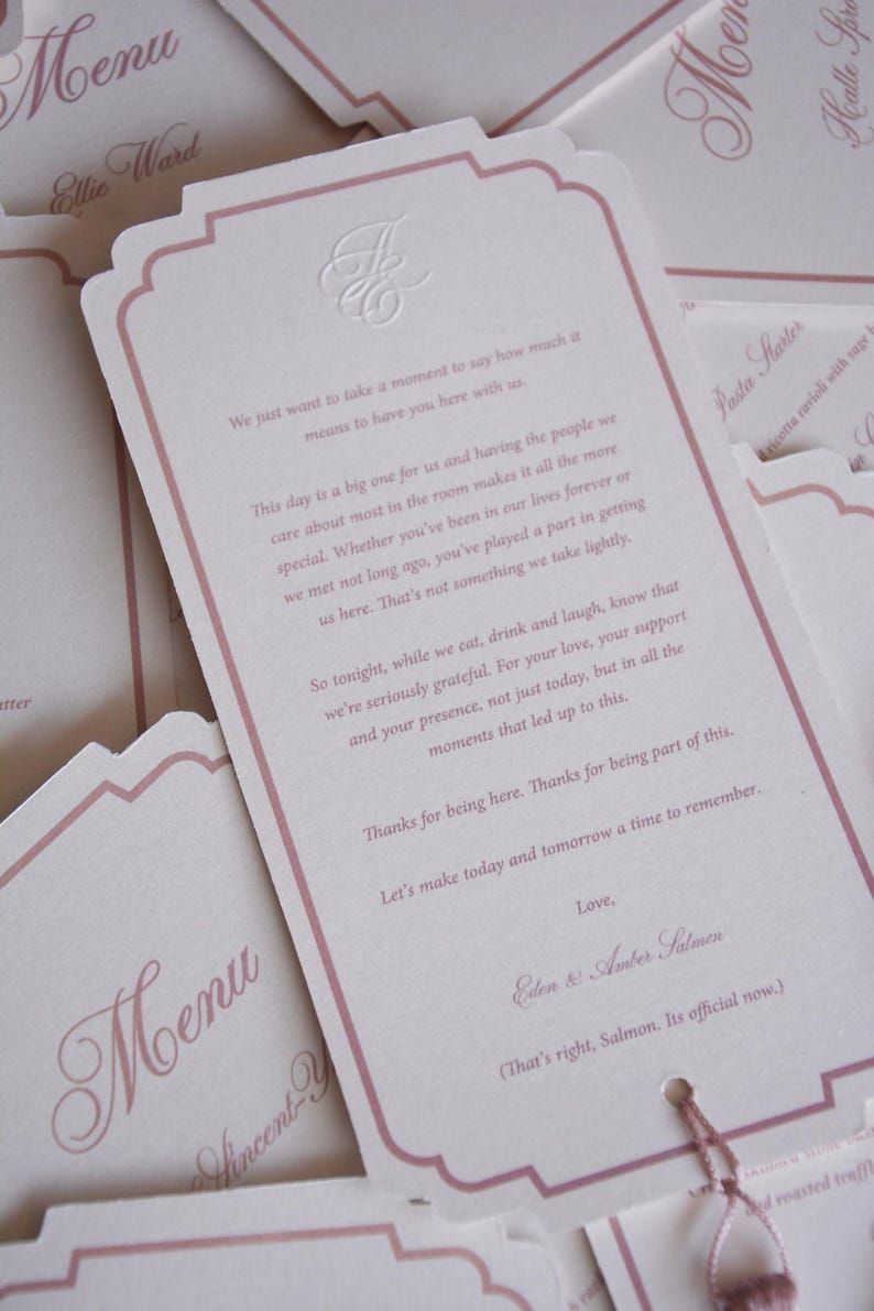 Rose Gold Menu Cards with Embossed Logo | Personalized Menu | Wedding Stationery |