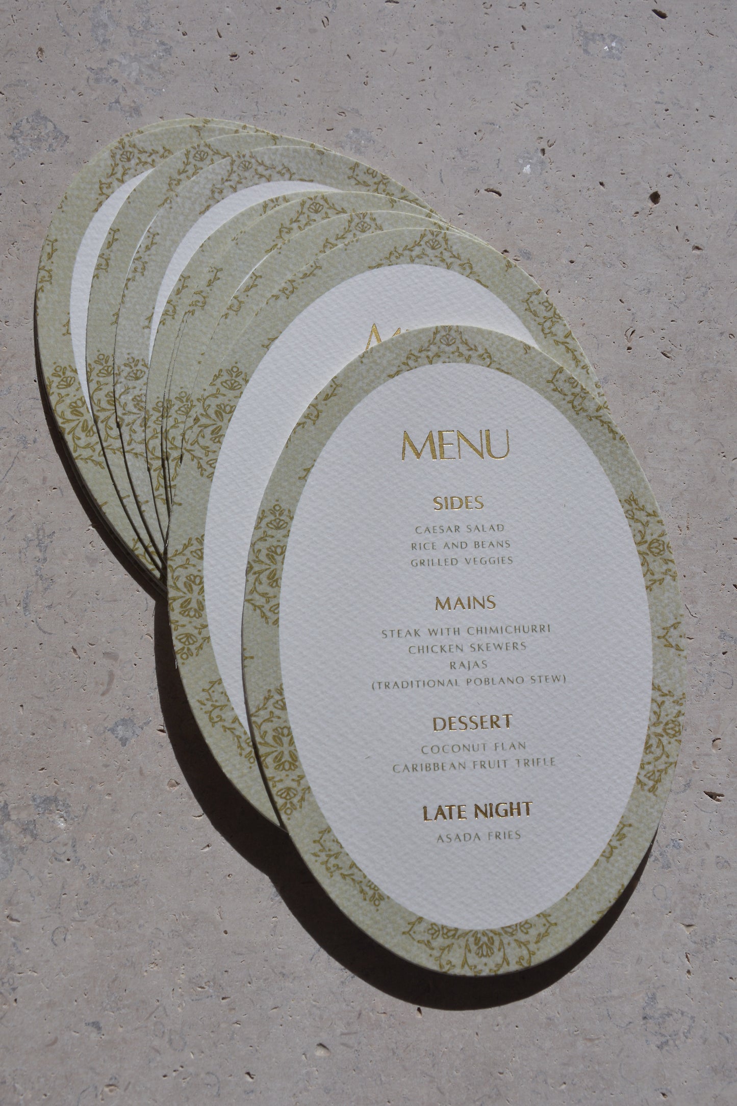 Oval Green Thick Textured Wedding Menu Cards with thank you note | Personalized Front Menu & Back | Wedding Stationery | (Copy)