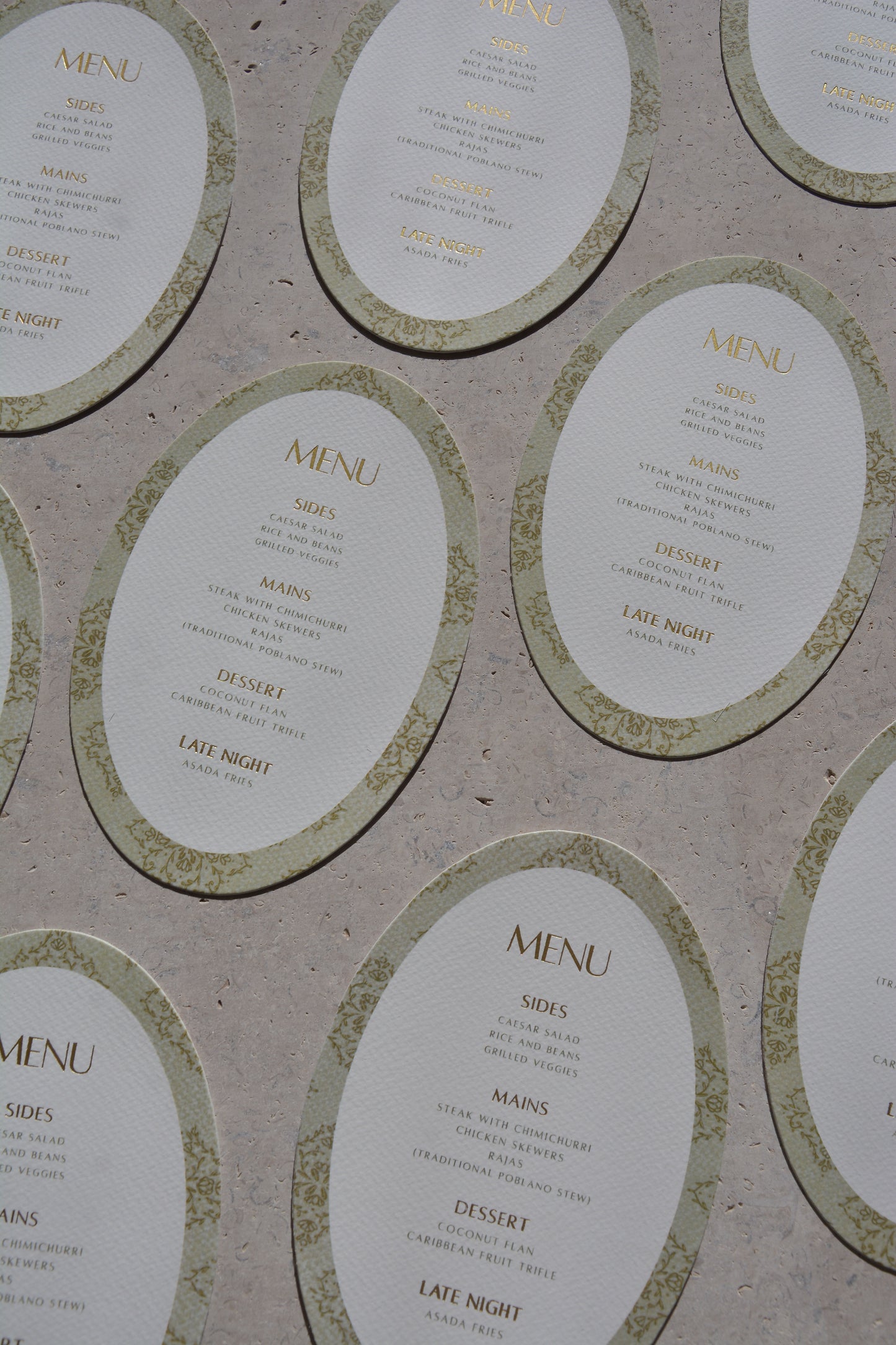 Oval Green Thick Textured Wedding Menu Cards with thank you note | Personalized Front Menu & Back | Wedding Stationery | (Copy)