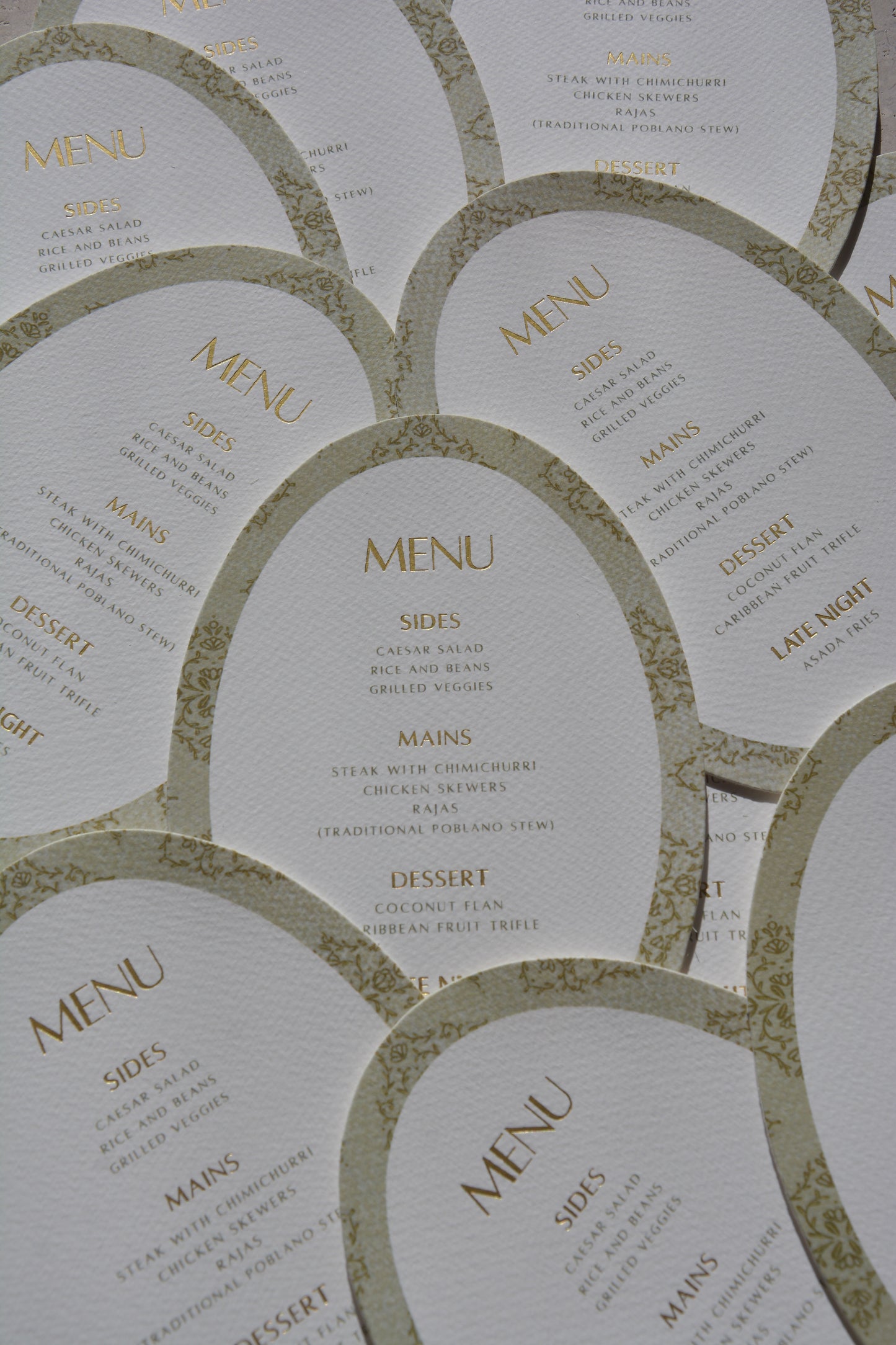 Oval Green Thick Textured Wedding Menu Cards with thank you note | Personalized Front Menu & Back | Wedding Stationery | (Copy)