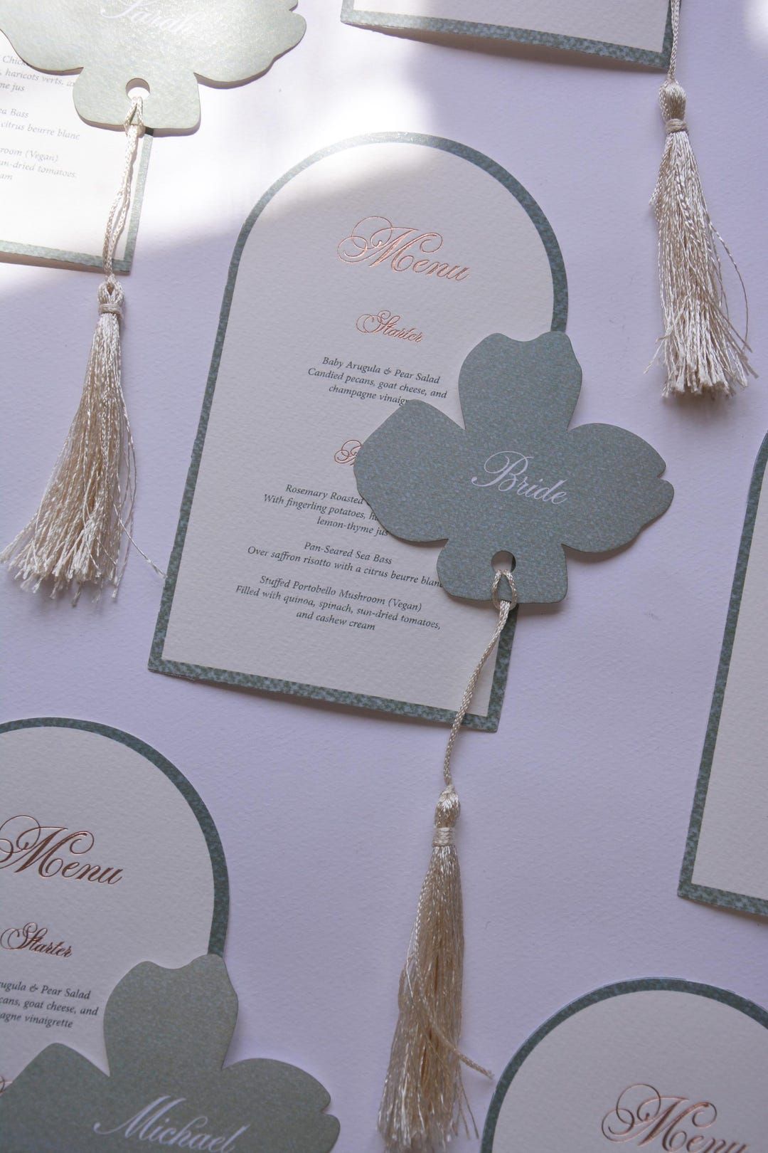 Arched Wedding Menu Cards with Flower Name Tag: Personalized Stationery